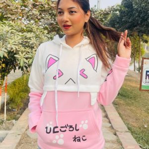 লেডিস স্টাইলিশ কটন ফ্লিস হুডি - ফ্যান্সি কিটি হোয়াইট অ্যান্ড পিংক এডিশন